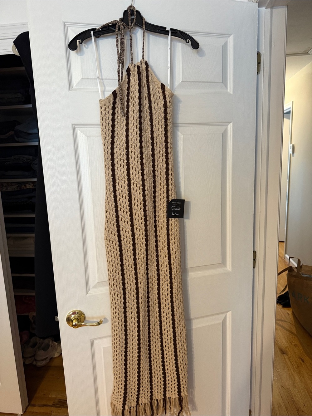 Lulu's Beige and Brown Striped Crochet Halter Maxi Dress